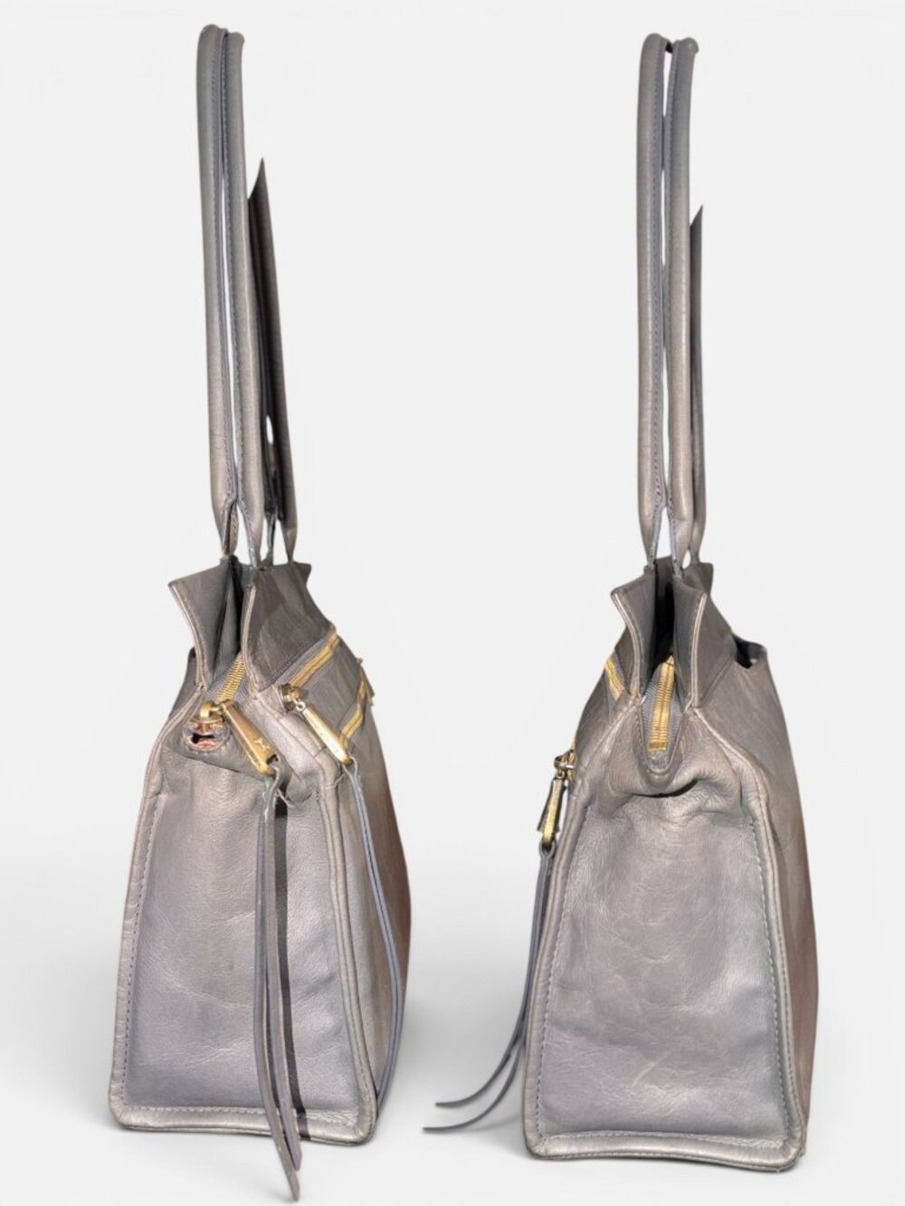 HOBO Seeker Shoulder Bag Slate Gray Polished Leather Brass Double Handle Satchel - Picture 5 of 8